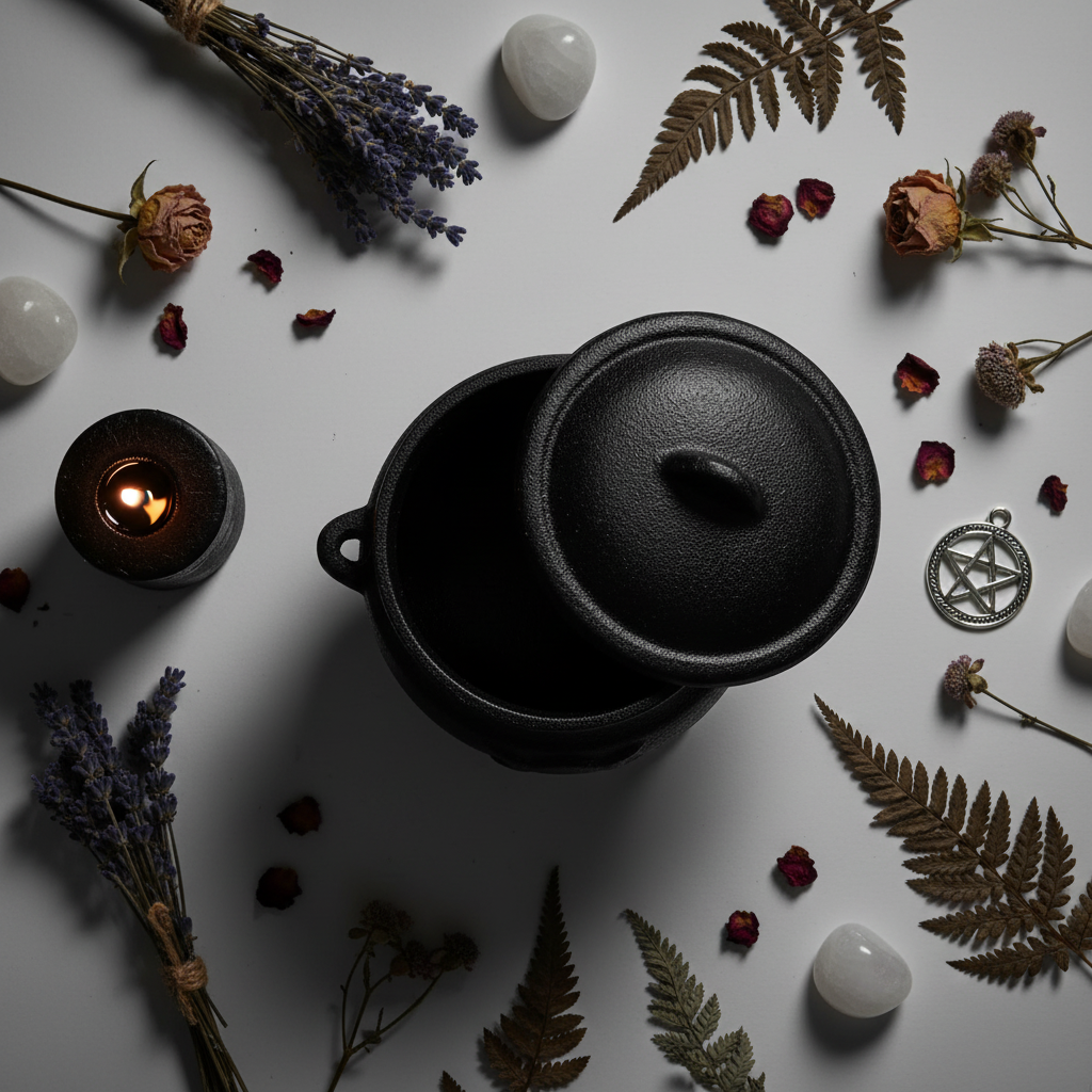 Flat lay of Triple Moon cast iron cauldron with lid beside it, dried herbs, moonstone, pentacle charm and candle on light grey background