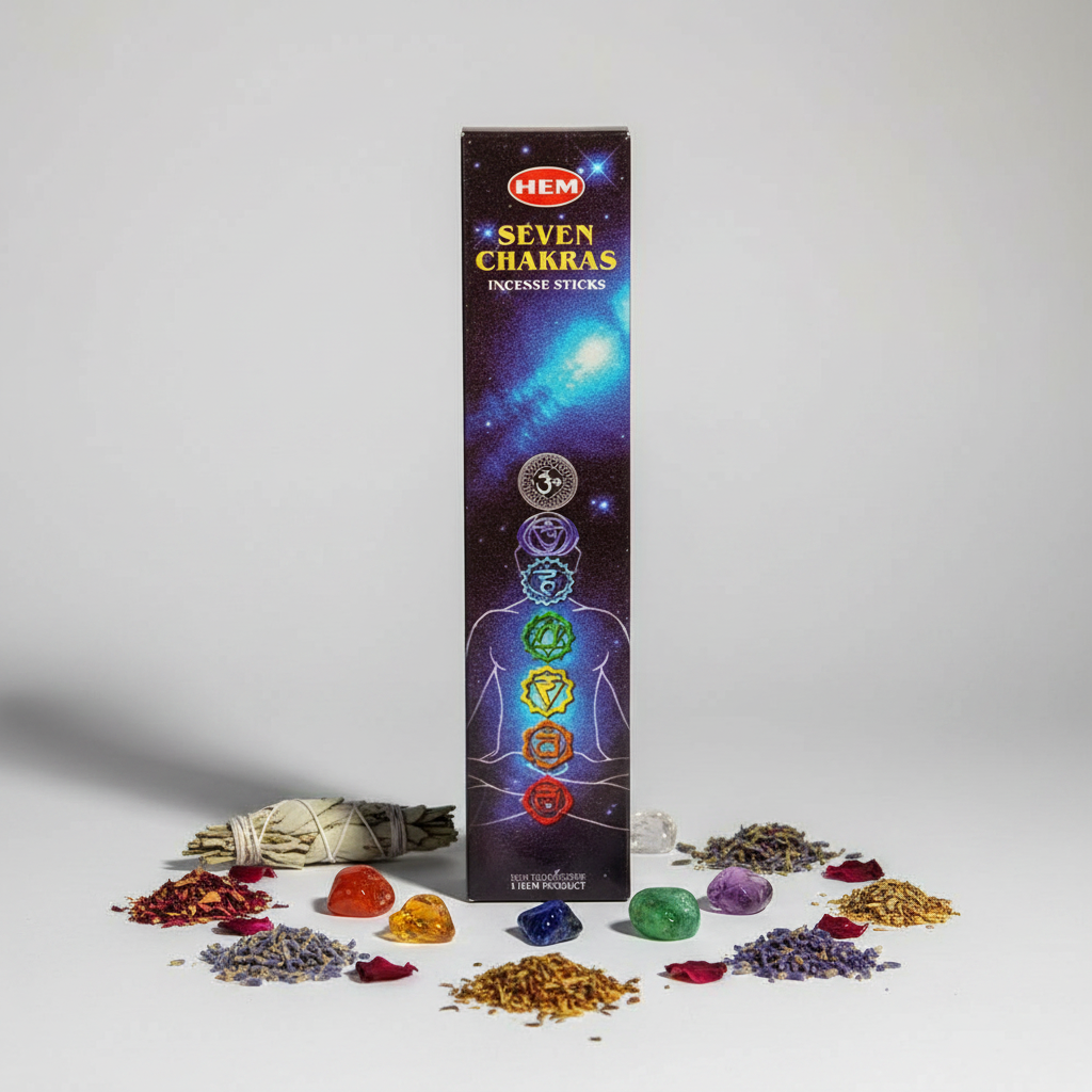 HEM Seven Chakras incense box upright with chakra crystals and candlelight