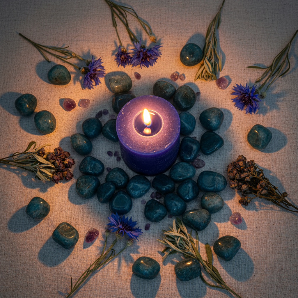 Flat lay of blue apatite tumbled stones with cornflowers, mugwort and indigo candle