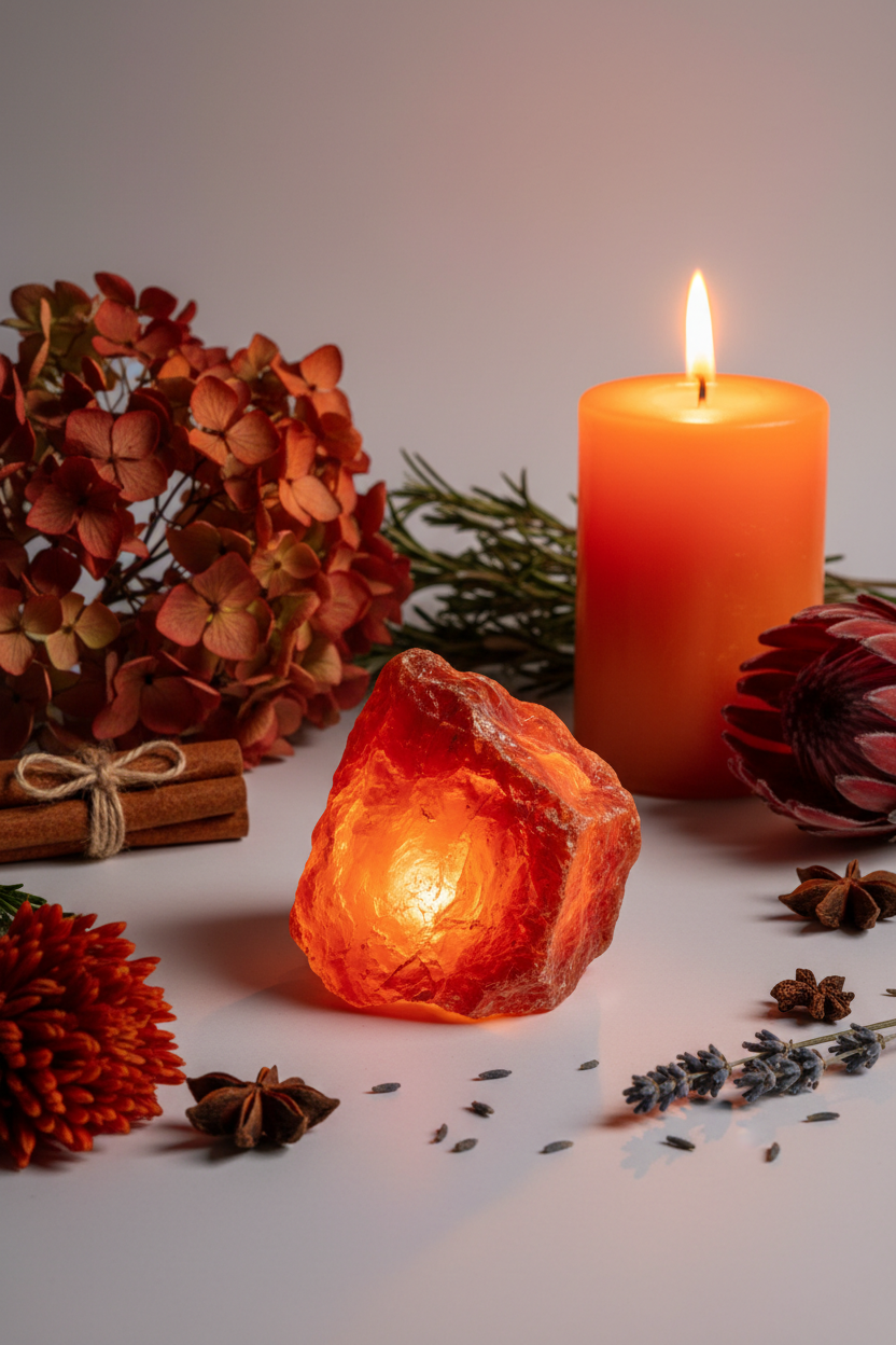 Raw rough carnelian lifestyle shot with orange flowers, cinnamon sticks and candlelight