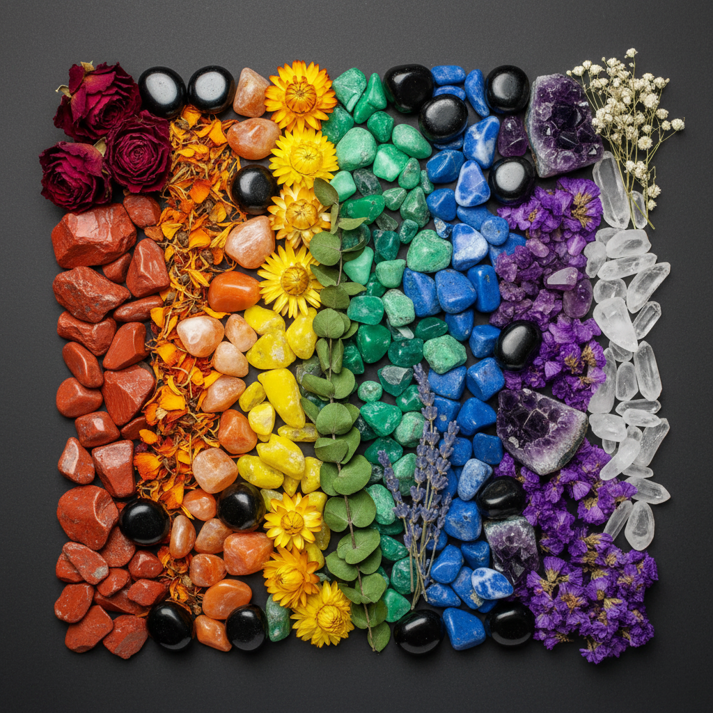 Dark flat lay with raw chakra stones and rainbow colored botanicals arranged in spectrum order on charcoal background