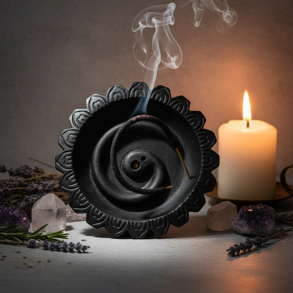 Black ceramic rope incense burner lifestyle shot with burning rope incense and smoke