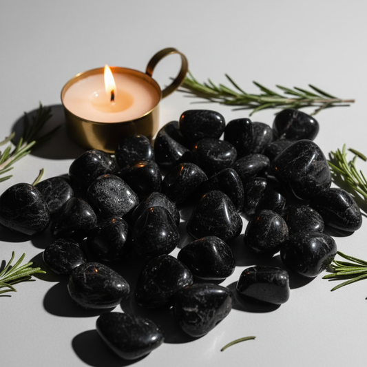 Cluster of black tourmaline tumbled stones with rosemary and candle props