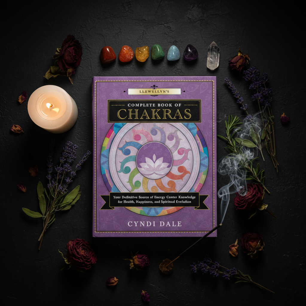 Llewellyn's Complete Book of Chakras flat lay with seven chakra crystals and candle