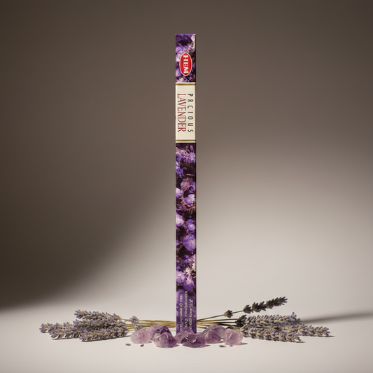 HEM Precious Lavender incense hex box standing upright with lavender sprigs, amethyst and candlelight