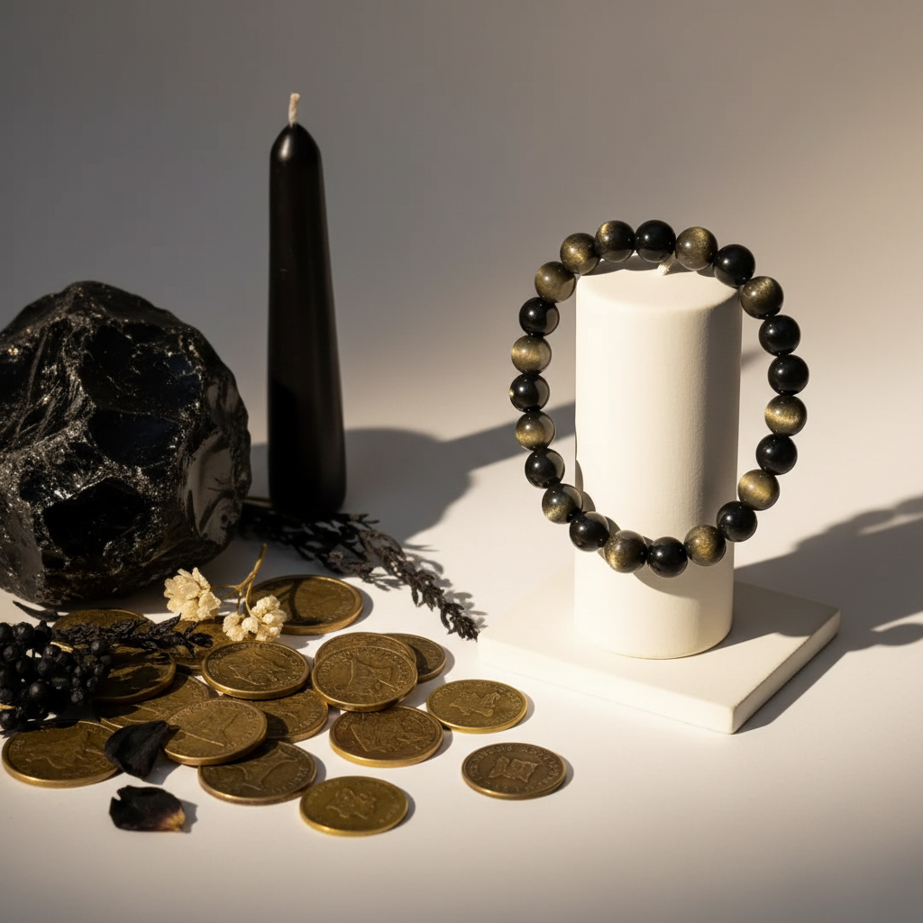Gold Sheen Obsidian 8mm beaded stretch bracelet on light grey background with raw obsidian and gold coins