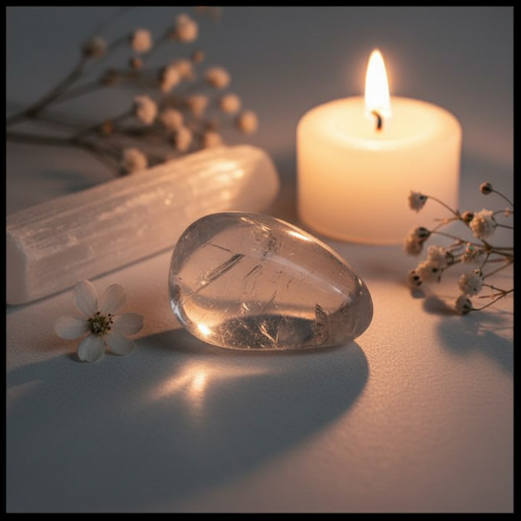 Single clear quartz tumbled stone with white flower, selenite and candle in warm candlelight