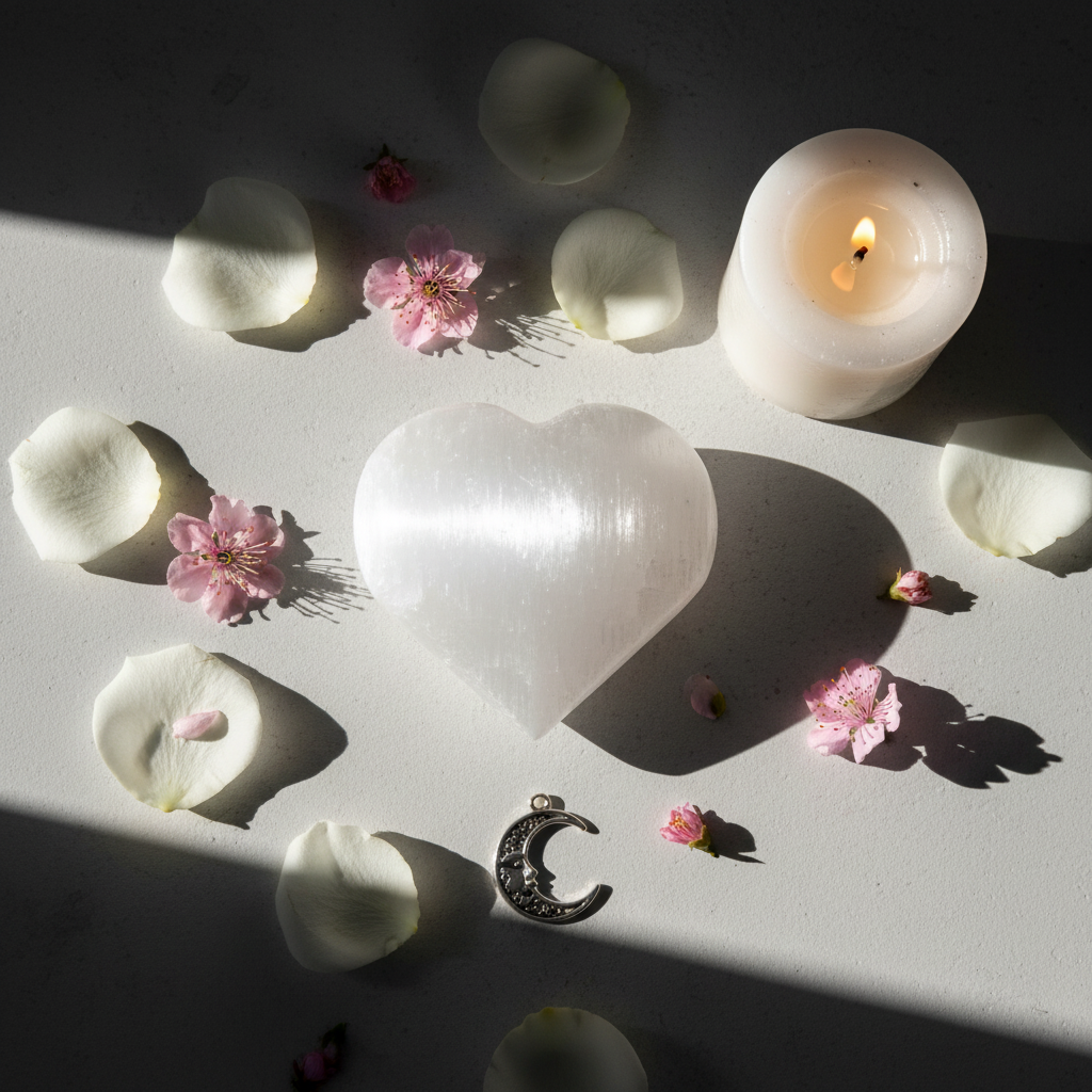 Flat lay of selenite crystal heart with rose petals, flowers and candle
