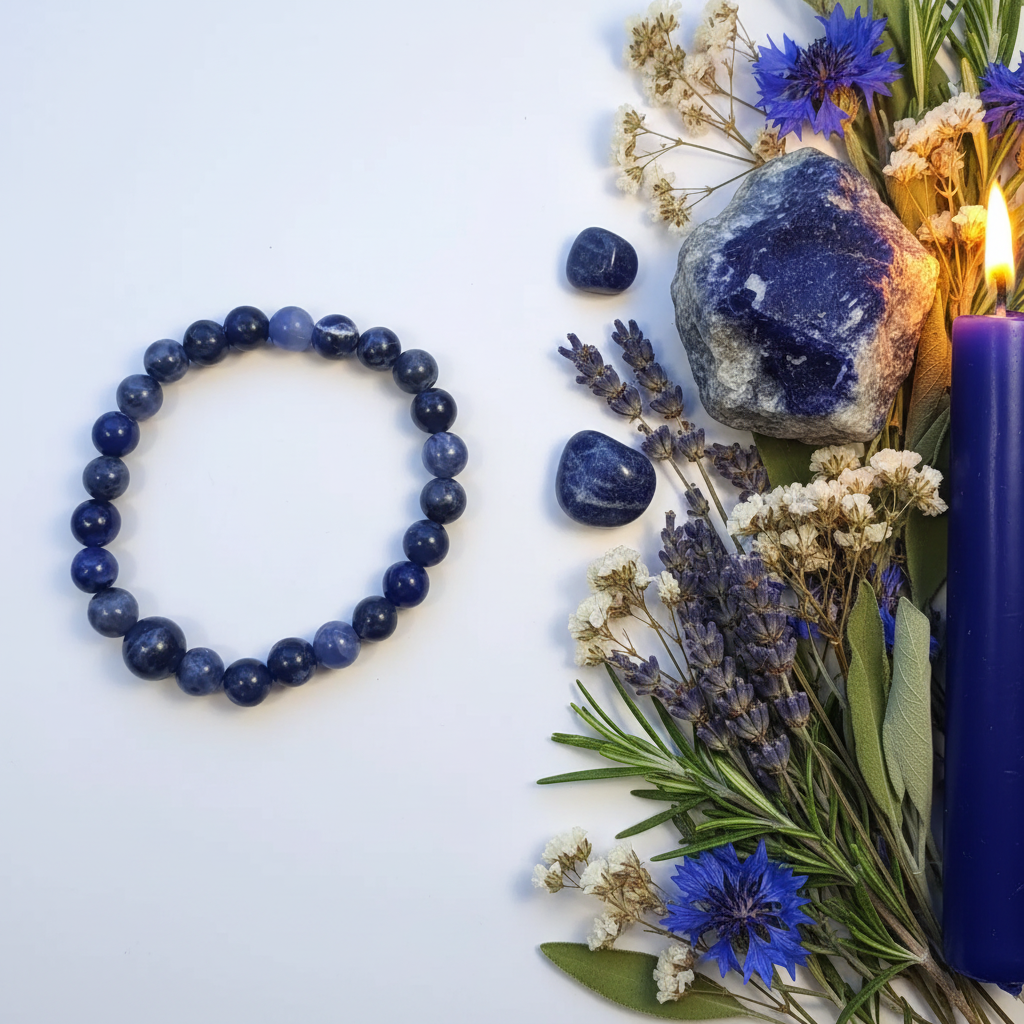 Sodalite 8mm beaded stretch bracelet with raw sodalite chunk, blue flowers and lavender on light grey background
