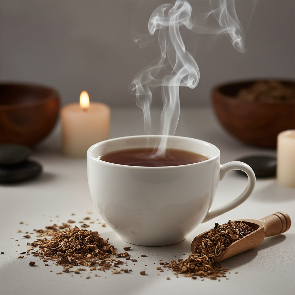 Burdock root herbal tea steaming cup lifestyle shot