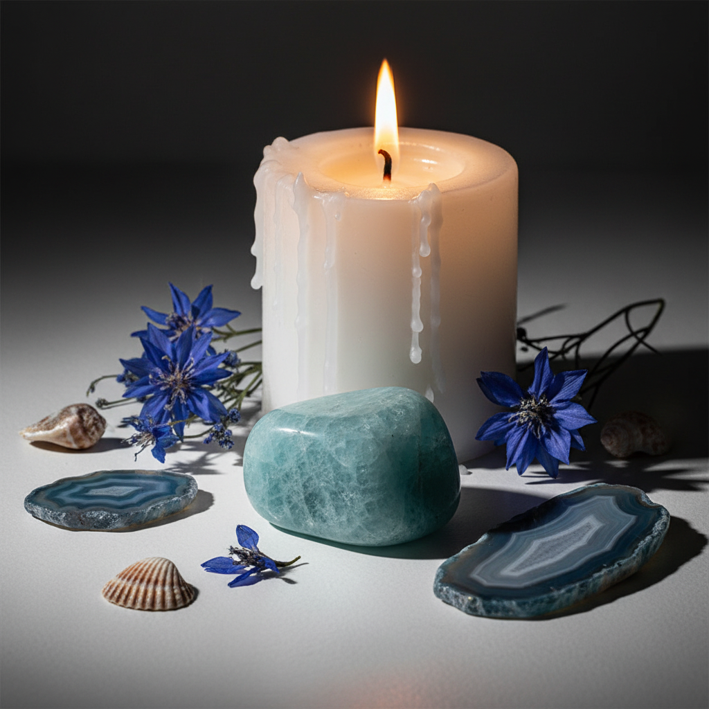 Single aquamarine tumbled stone with blue larkspur, seashells and candle props