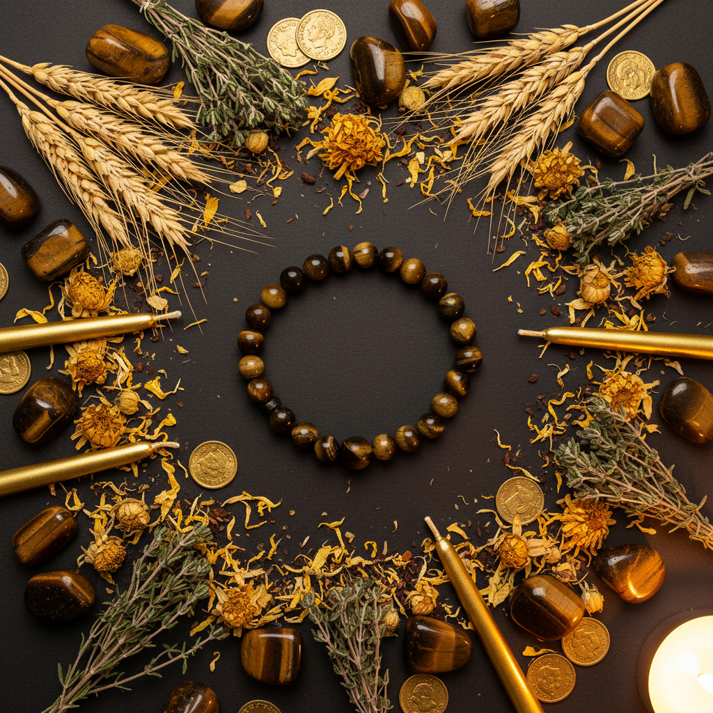 Tiger's Eye bracelet flat lay with tumbled stones, golden wheat, amber petals and gold coins on dark charcoal background
