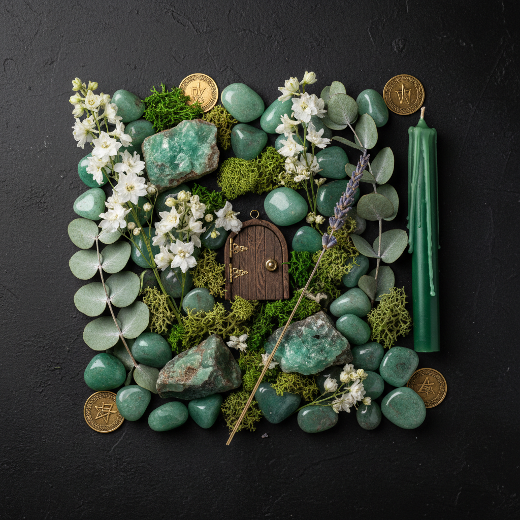 Flat lay of aventurine crystals, dried flowers, moss and fairy décor props on dark background