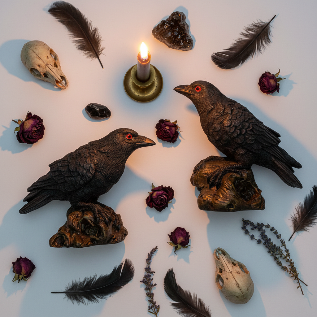 Black raven figurines flat lay
