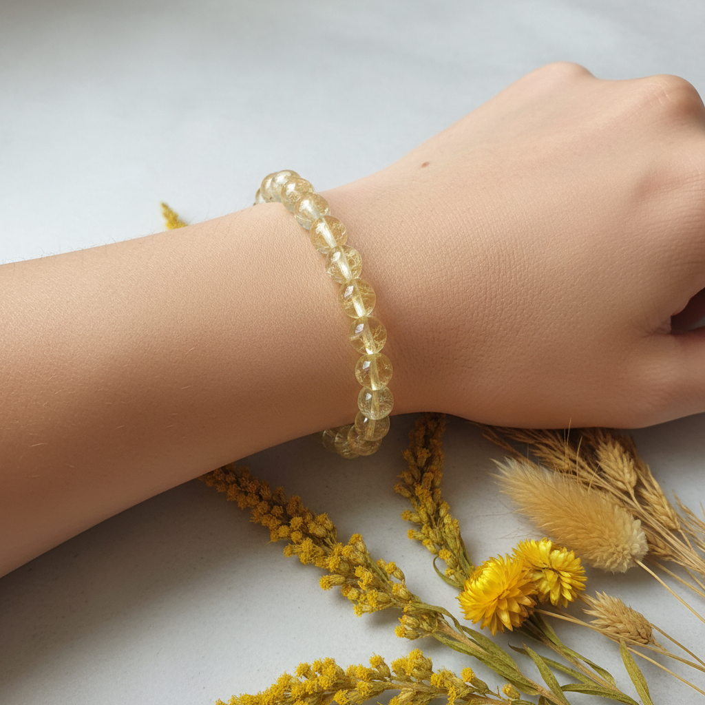 Citrine beaded bracelet worn on wrist showing pale lemon-yellow translucent round beads with warm golden glow