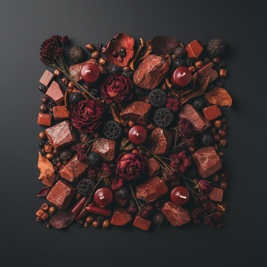 Dark flat lay with raw red jasper chunks, deep red flowers, dark earthy botanicals and terracotta candles on charcoal background