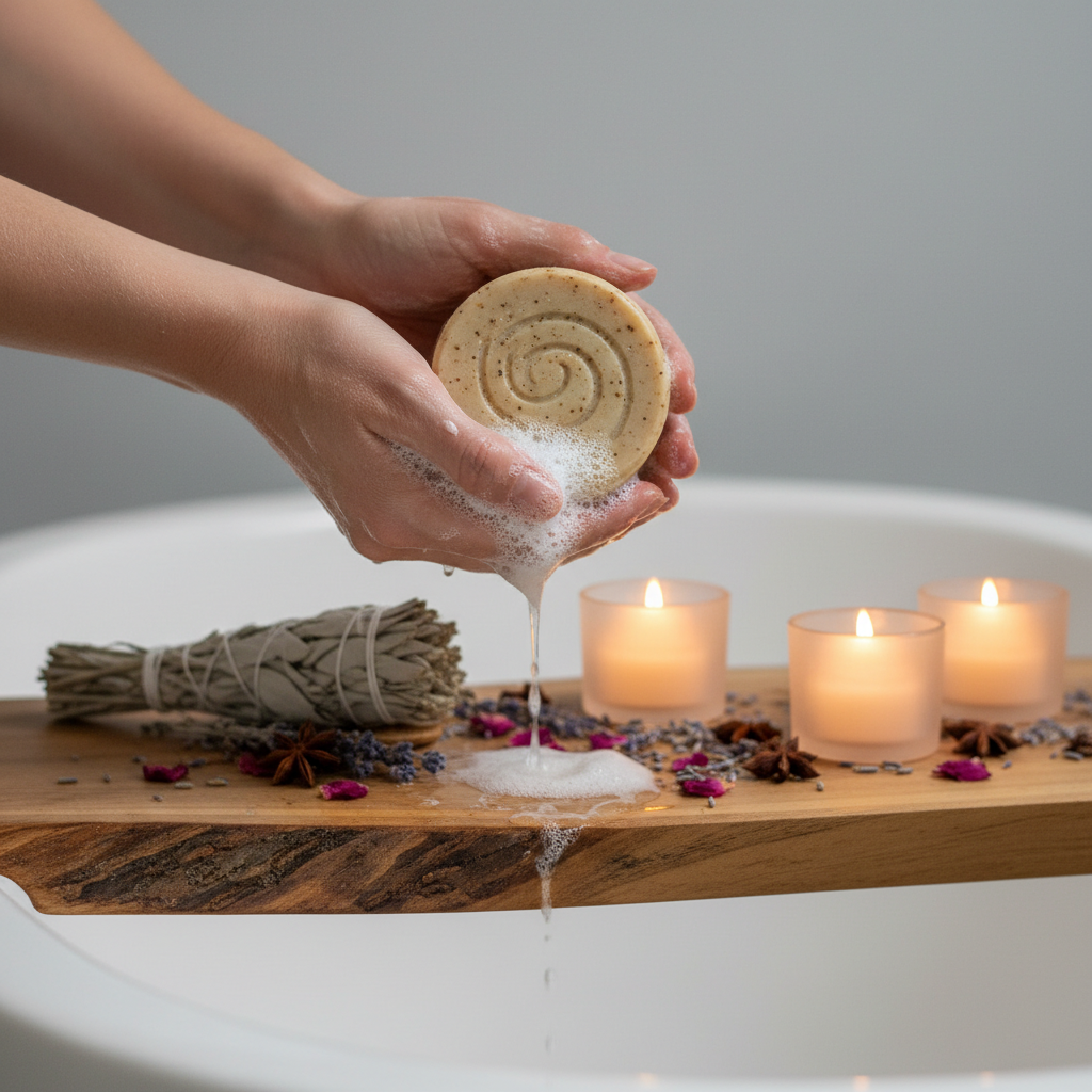 Hands holding Nag Champa soap bar near ritual bath setup with warm candlelight and dried botanicals