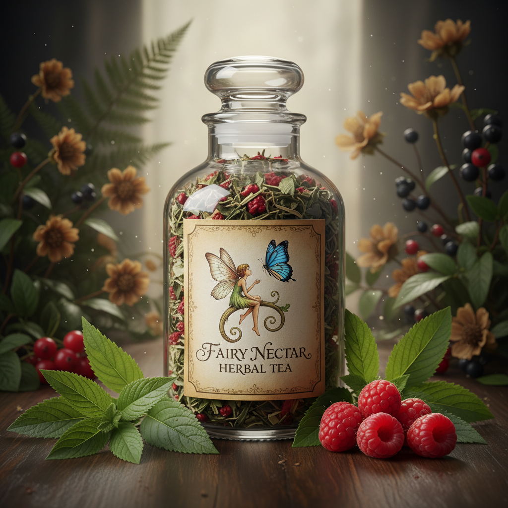 Woodland fairy herbal relaxation tea glass jar with lemon verbena and raspberry botanicals