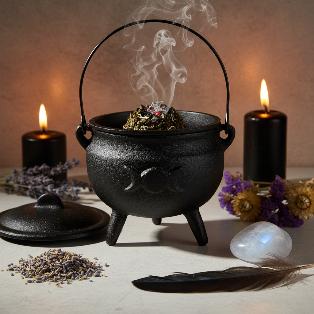 Triple Moon cast iron cauldron with lid ajar showing smoldering herbs, black candle, moonstone and dried flowers in candlelight