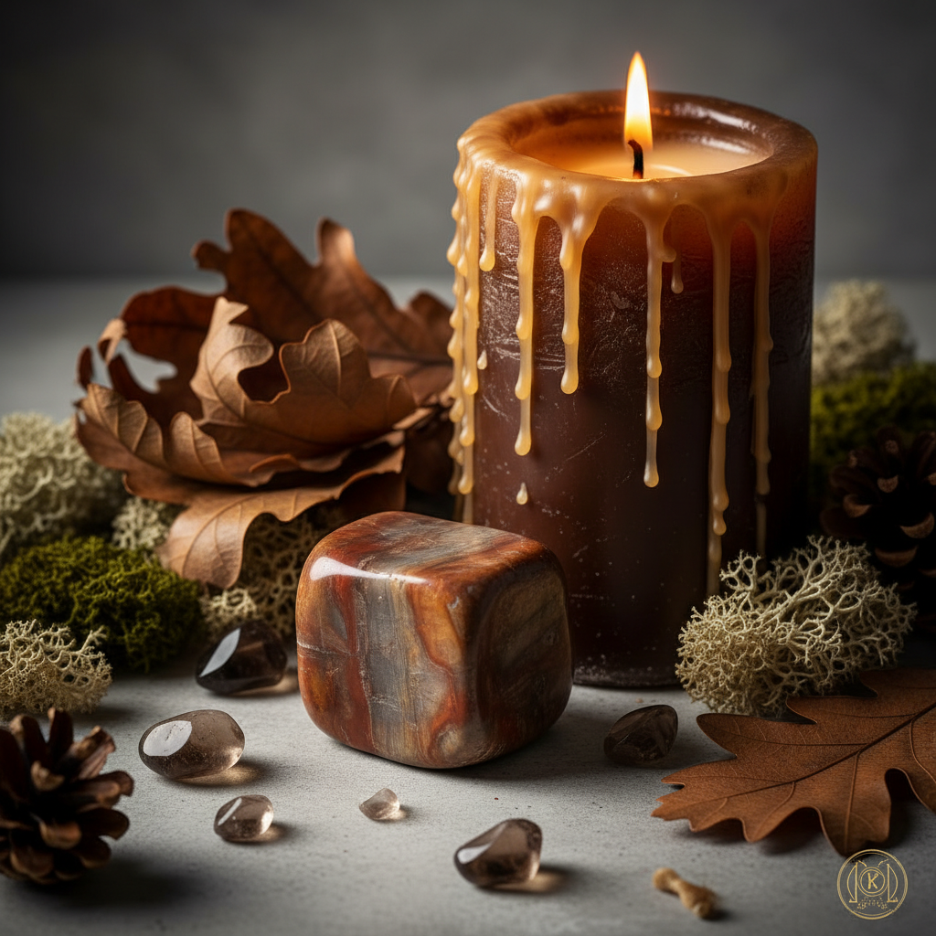 Single petrified wood tumbled stone with oak leaves, smoky quartz and earthy candle