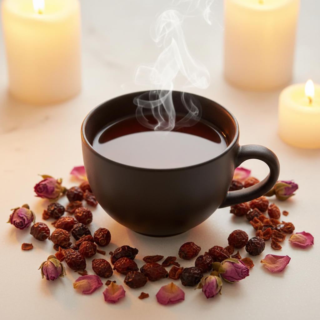 Steaming cup of rose hip herbal tea with dried petals and rose buds