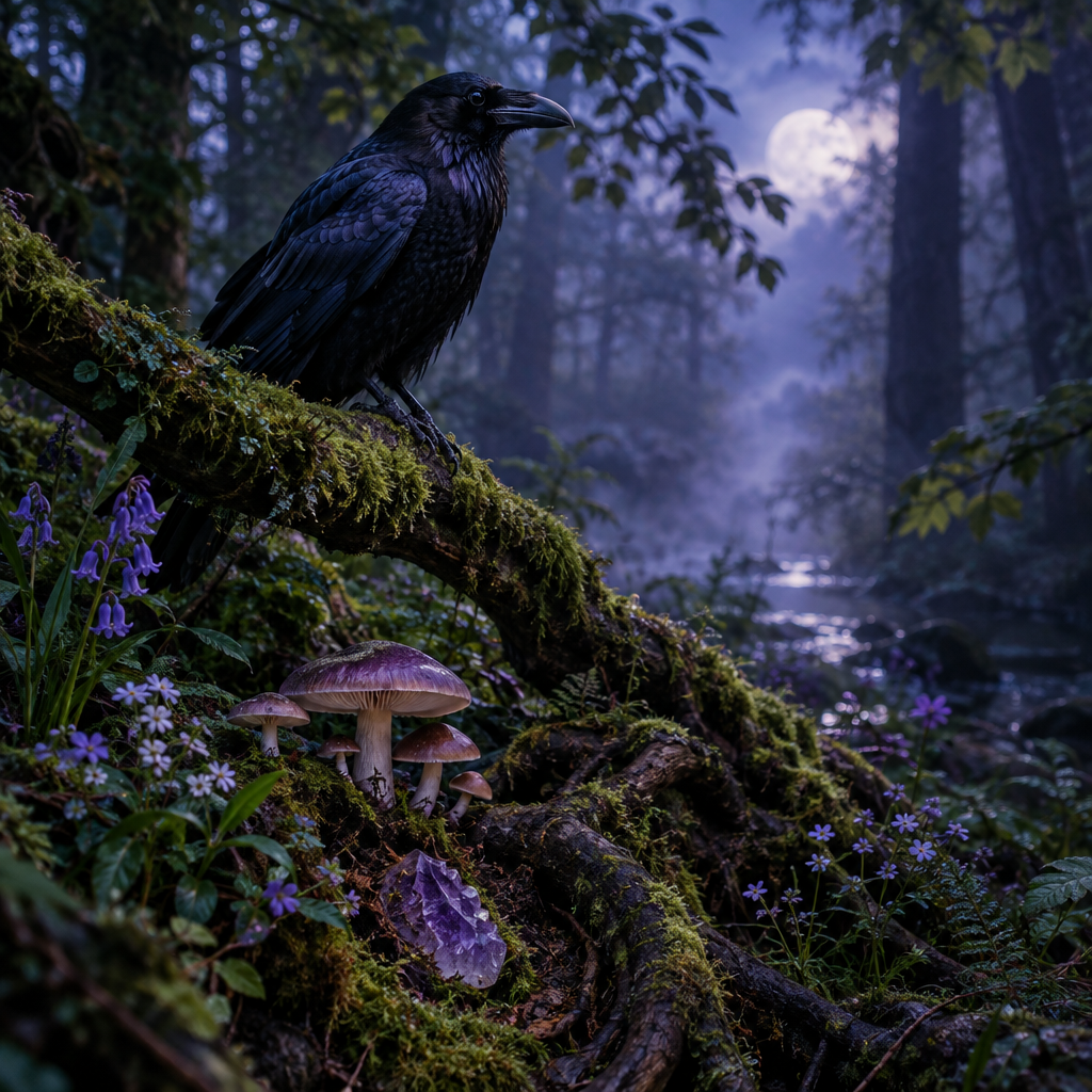 Moonlit woodland with a raven, mushrooms, wildflowers and amethyst, inspired by Spirit Allies