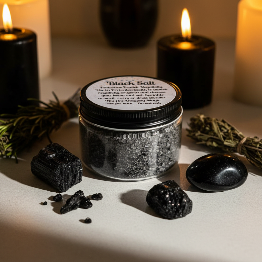 Black Witches Salt hero shot - short wide jar with black tourmaline and candlelight