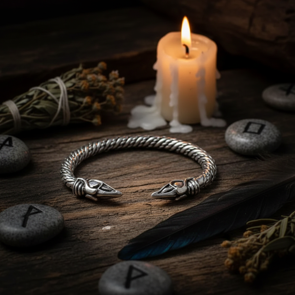 Small Odin's Raven Pewter Viking Bracelet lifestyle shot with Norse props and candlelight