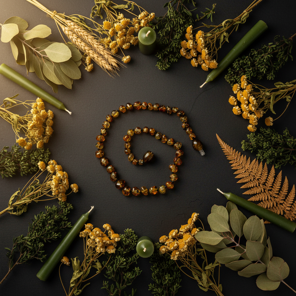 Polished olive amber necklace flat lay with eucalyptus, golden herbs and olive candles on dark charcoal background