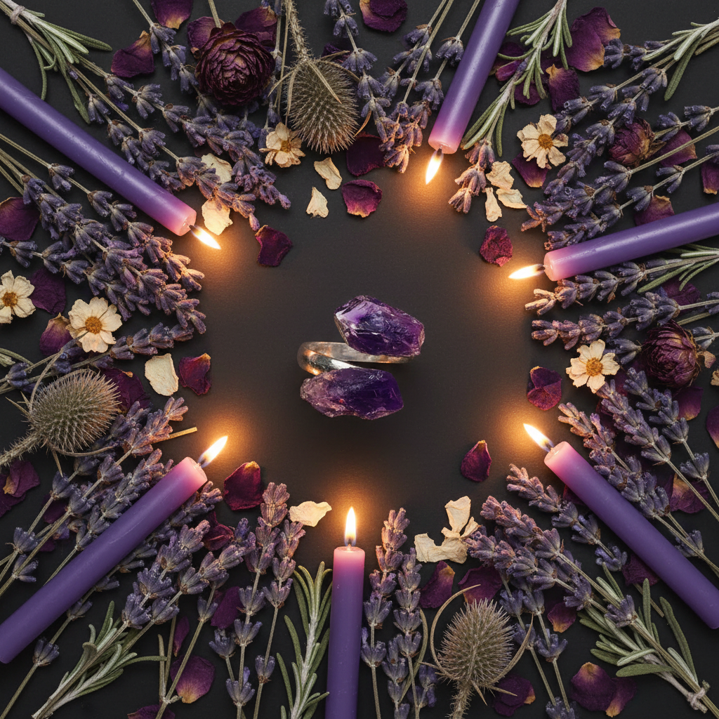 Raw amethyst wrap ring flat lay with lavender, purple petals and unlit purple candles on dark charcoal background