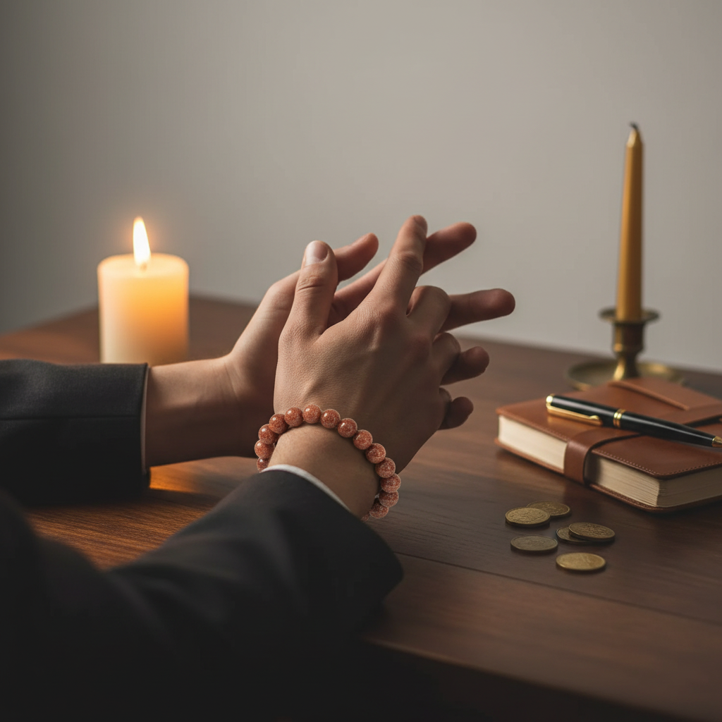 Hands wearing goldstone bracelet over dark wooden desk with journal and gold coins in candlelight