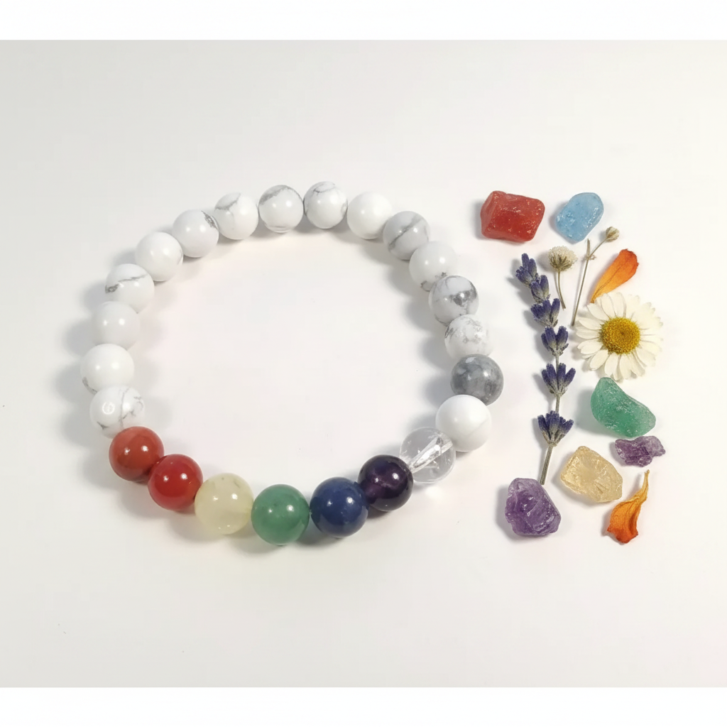 Howlite chakra bracelet flat in circle with white howlite beads and 7 colorful chakra gemstones on light grey background