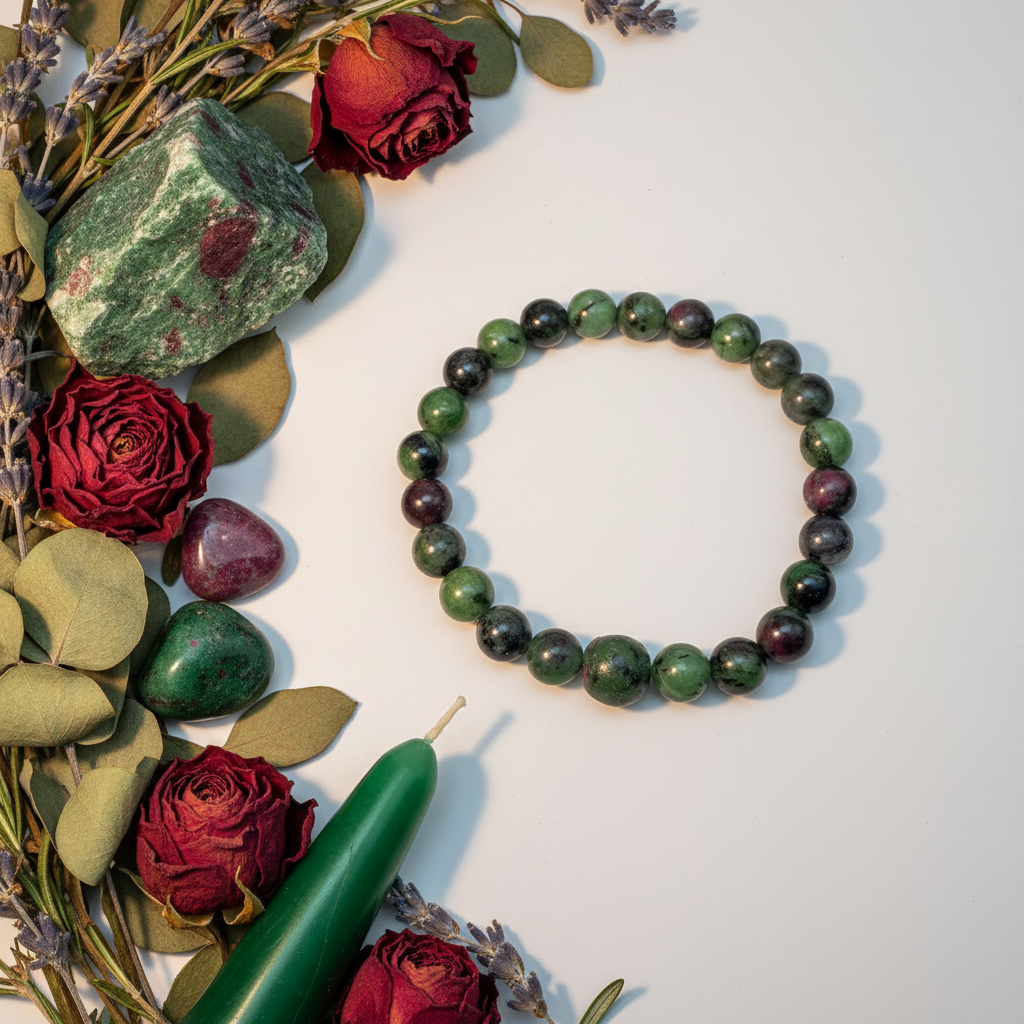 Ruby Zoisite 8mm beaded stretch bracelet with raw ruby zoisite chunk, red roses and eucalyptus on light grey background