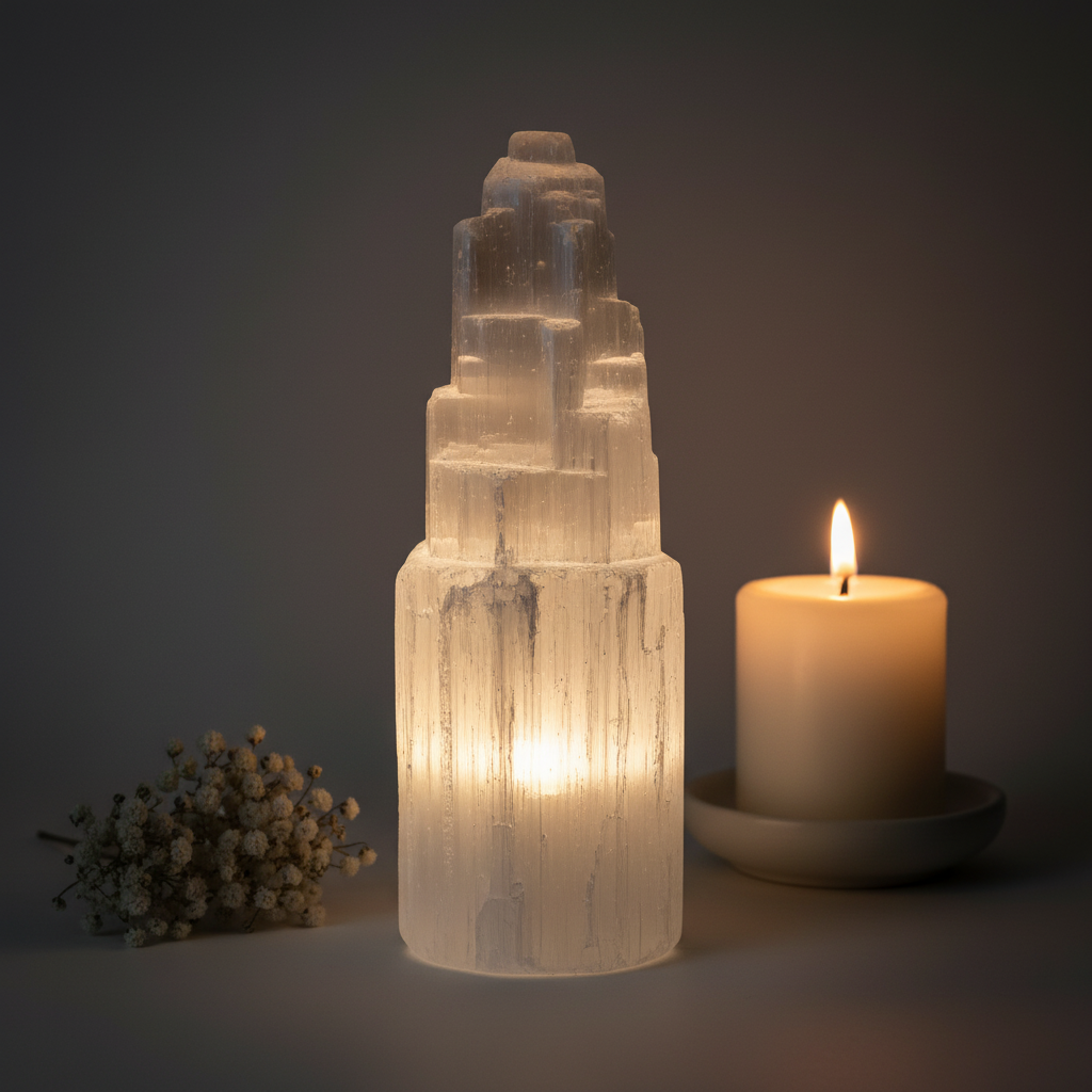 Selenite small crystal tower with white flowers and candlelight