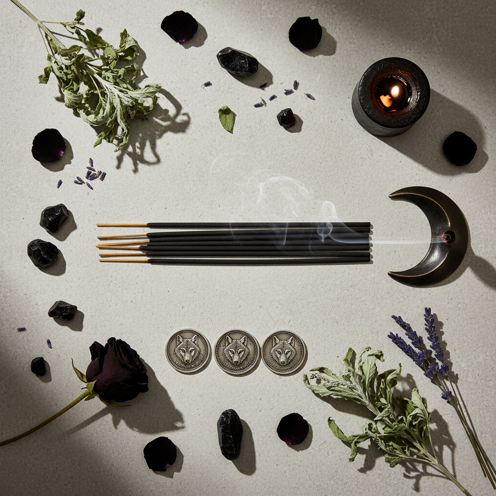 Flat lay of Werewolf incense sticks with obsidian, mugwort, silver coins and black candle