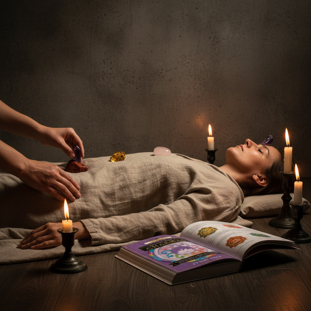 Chakra crystal healing layout lifestyle shot with Complete Book of Chakras
