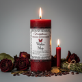Wicked Witch Mojo Wishin Mojo deep red pillar candle with roses, gold coins and manifestation props