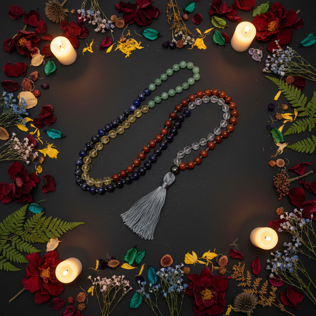 108-bead chakra mala arranged in circle with rainbow petals in chakra colors and white candles on dark charcoal background