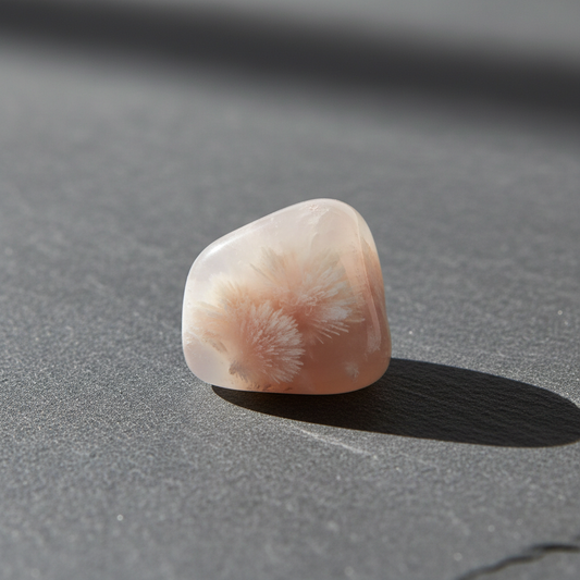 Tumbled Flower Agate crystal with pink and white flower inclusions on dark slate surface