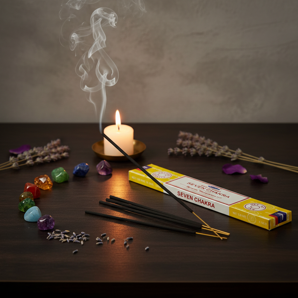Satya Seven Chakra incense stick burning with smoke, rainbow crystals and candle props