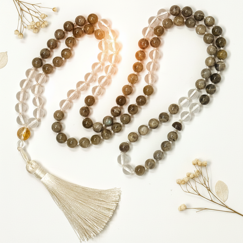 Labradorite and clear quartz 108-bead mala with cream tassel draped in elegant loop on light grey background