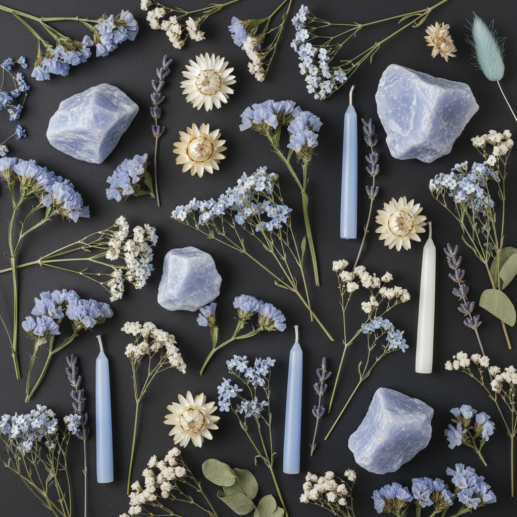 Flat lay with raw angelite chunks, dried pale blue flowers, white botanicals and pale blue candles on dark charcoal background