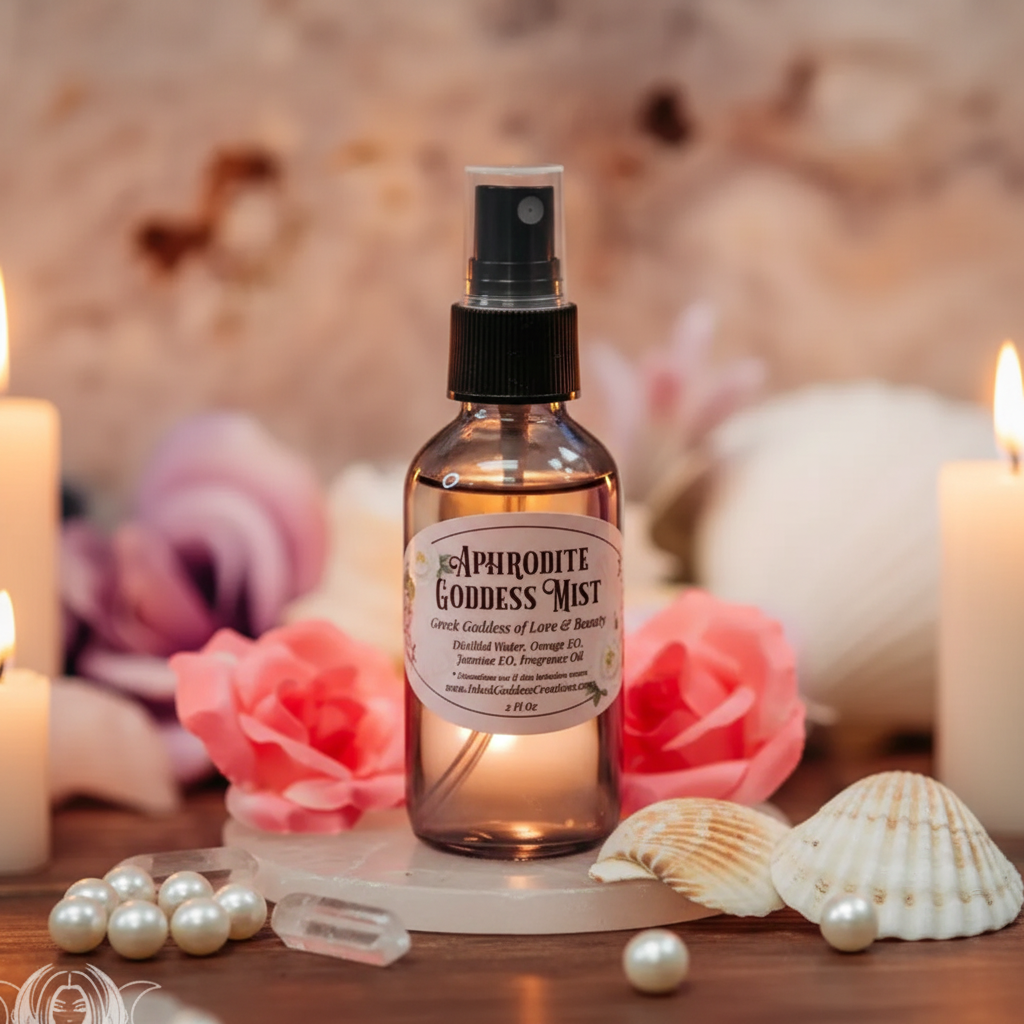 Aphrodite Goddess Mist amber glass spray bottle with roses, seashells and candlelight