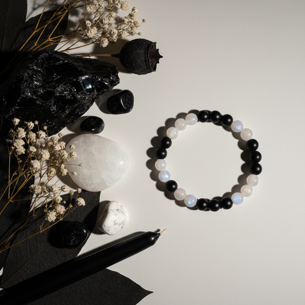 Black Obsidian and Moonstone 8mm beaded stretch bracelet with raw obsidian chunk, white flowers and black taper candle on light grey background