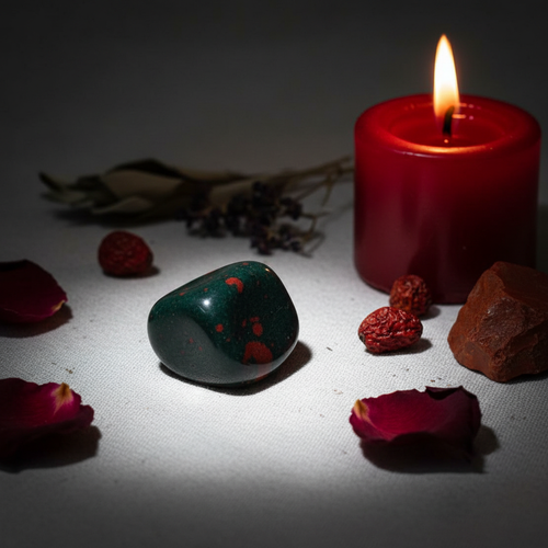 Single bloodstone tumbled stone with red flowers, dark candle and dried herbs in warm candlelight