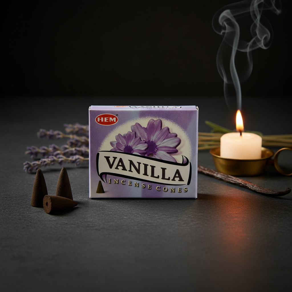 HEM Vanilla Incense Cones lavender box with incense cones, dried lavender and candle on light grey background