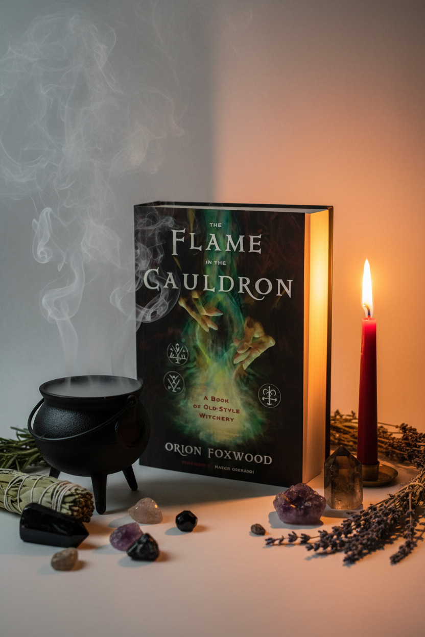 The Flame in the Cauldron lifestyle shot with cauldron smoke, crystals and candlelight
