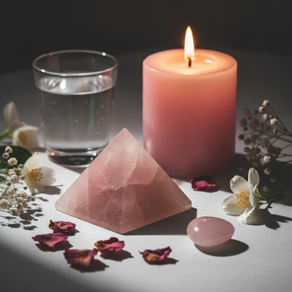 Rose quartz pyramid with pink candle, rose petals and white flowers in moody candlelight