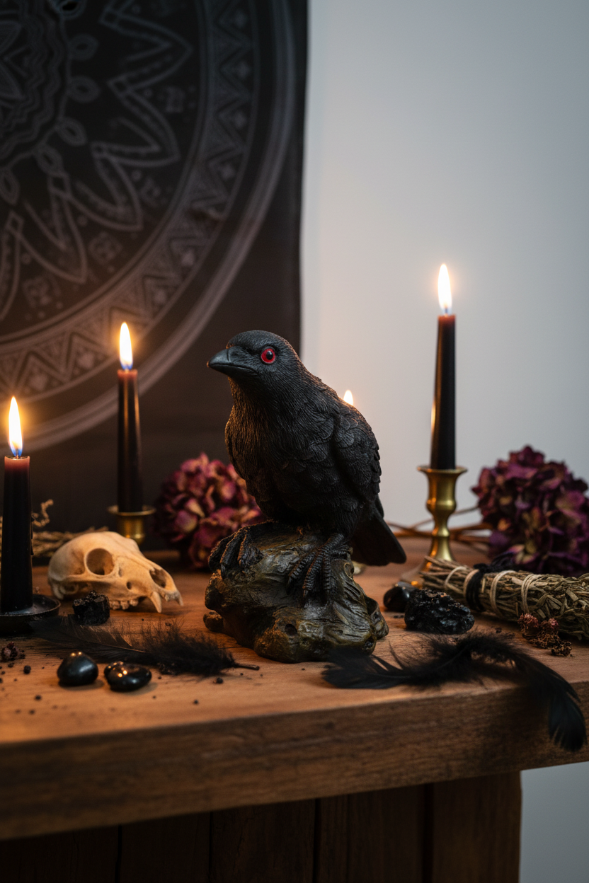 Black raven figurine lifestyle altar scene