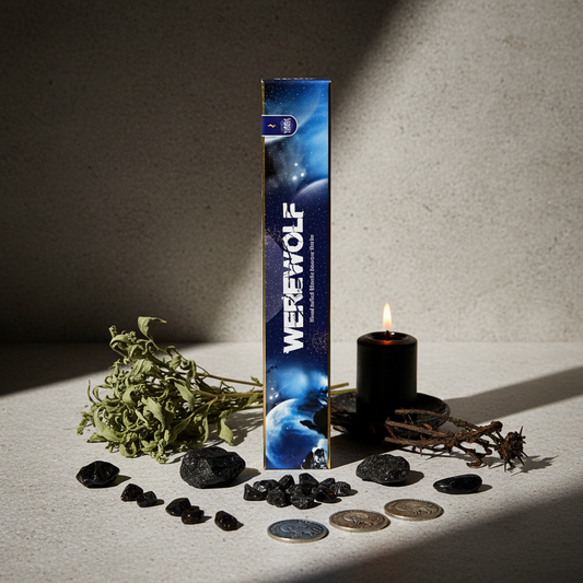 Werewolf incense tube box standing upright with obsidian, mugwort and black candle props